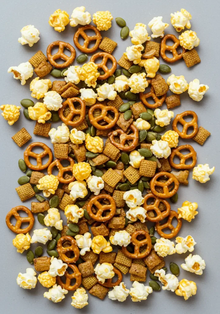 35 Super Easy Snack Ideas for School 43 A bowl of savory popcorn trail mix with pretzels, an easy snack idea for school.