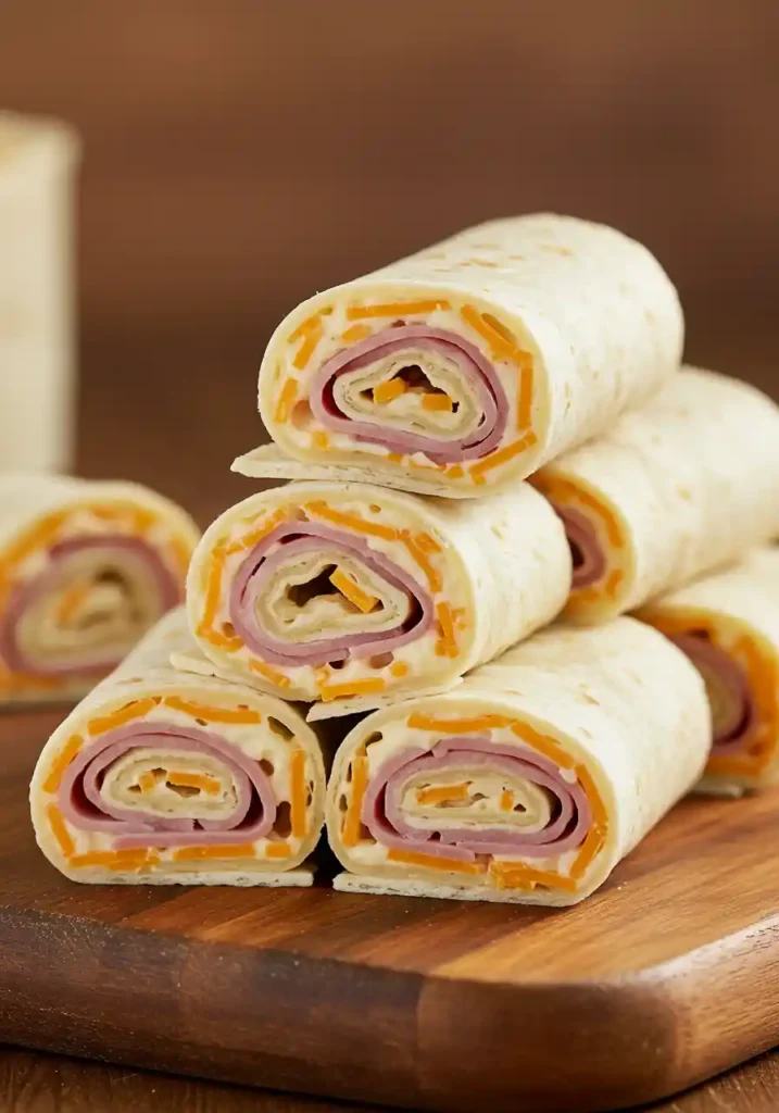 35 Super Easy Snack Ideas for School 31 Ham and cheese pinwheels arranged on a cutting board, an easy snack idea for school.