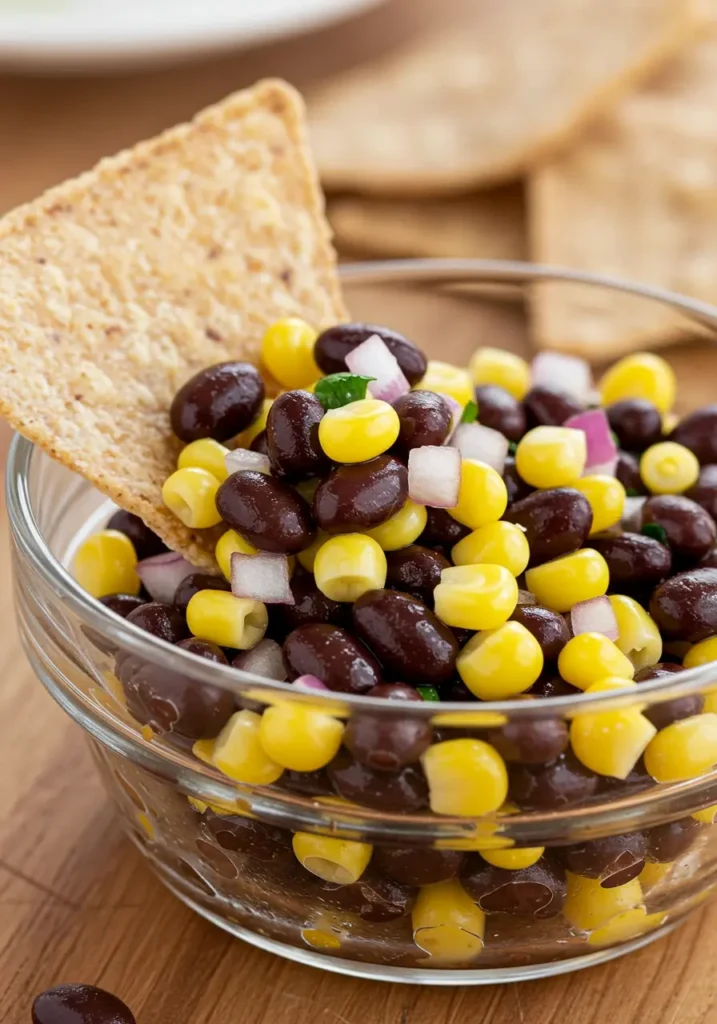35 Super Easy Snack Ideas for School 17 Black bean and corn salsa in a bowl with chips, a fresh and easy snack idea for school.