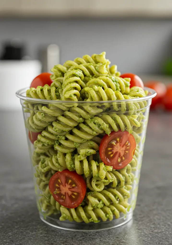 35 Super Easy Snack Ideas for School 37 A small cup of pesto pasta salad, a satisfying and easy snack idea for school.