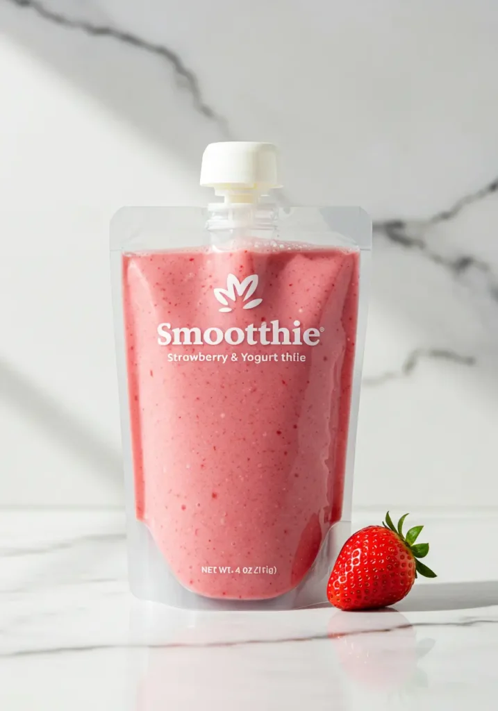 35 Super Easy Snack Ideas for School 42 A reusable pouch filled with strawberry yogurt smoothie, an easy snack idea for school.