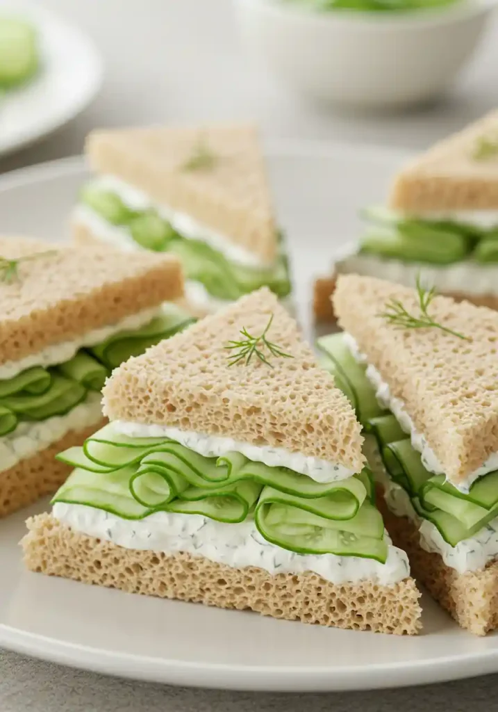 35 Super Easy Snack Ideas for School 7 Dainty cucumber and cream cheese sandwiches, a refreshing and easy snack idea for school.