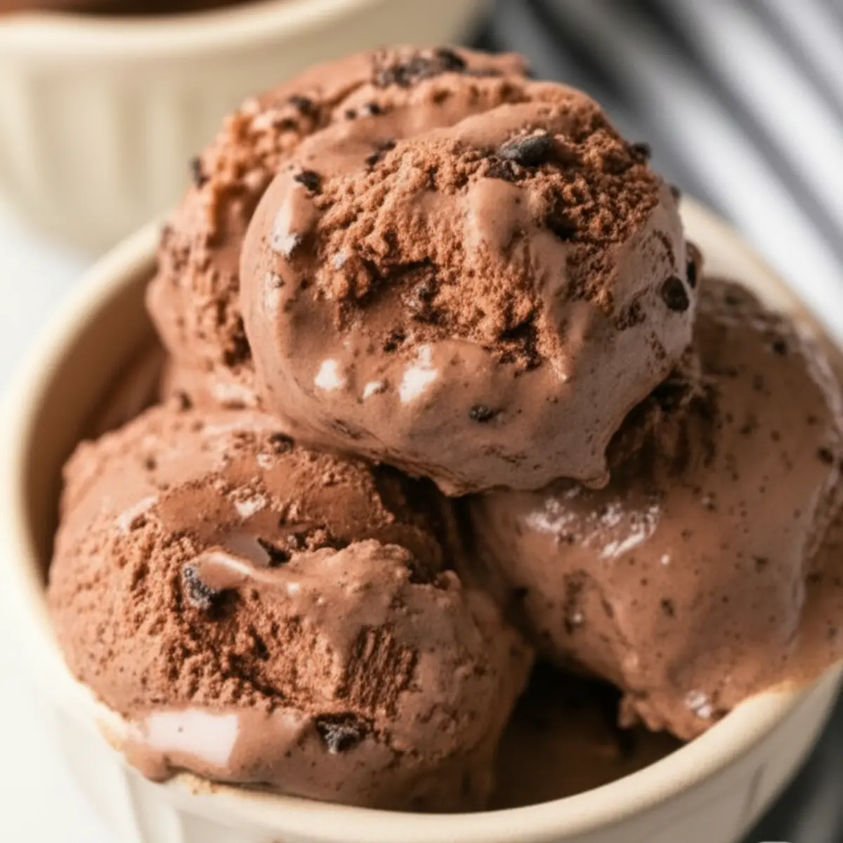 Easy Ninja Creami Ice Cream Recipes High Protein 2 A vibrant depiction of a rich Chocolate puree swirled into a creamy, white cheesecake-flavored Ninja Creami Recipes Protein ice cream base, showing bits of graham cracker mixed in.