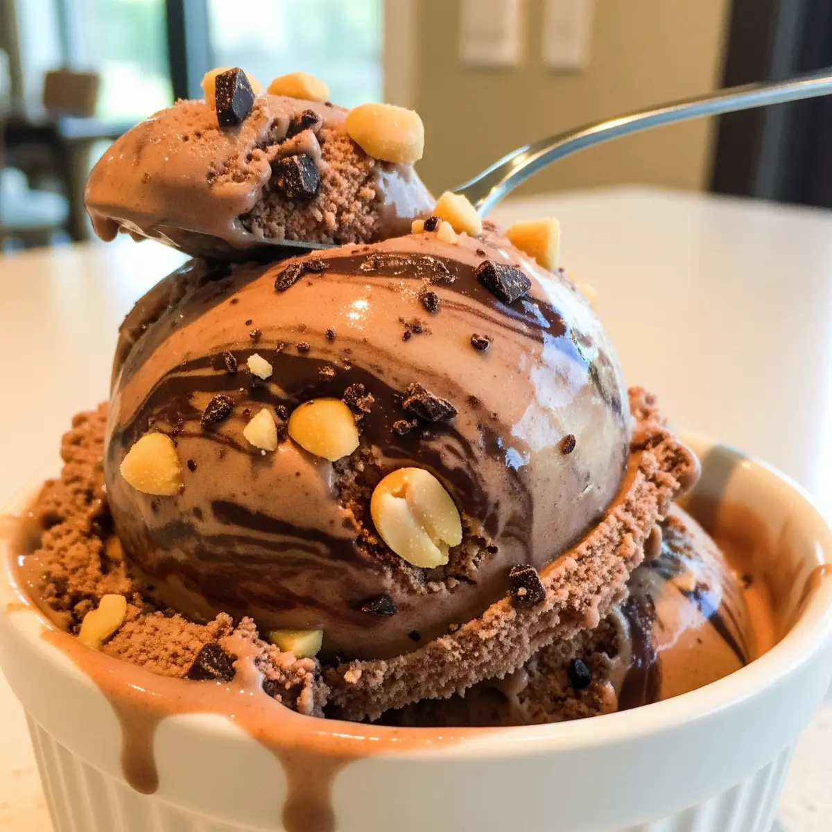 Easy Ninja Creami Ice Cream Recipes High Protein 2 A bowl of chocolate peanut butter protein ice cream made with ninja creami ice cream recipes, showing its rich and creamy texture.