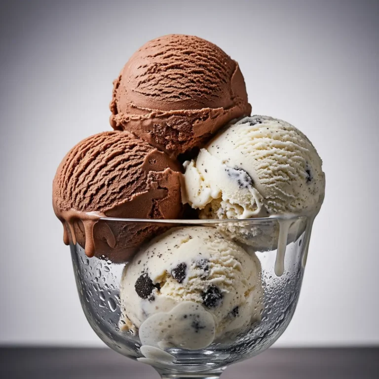 A clear glass dish showcasing two distinct scoops of homemade protein ice cream: one is a deep chocolate, and the other is a creamy vanilla with cookie pieces mixed throughout.