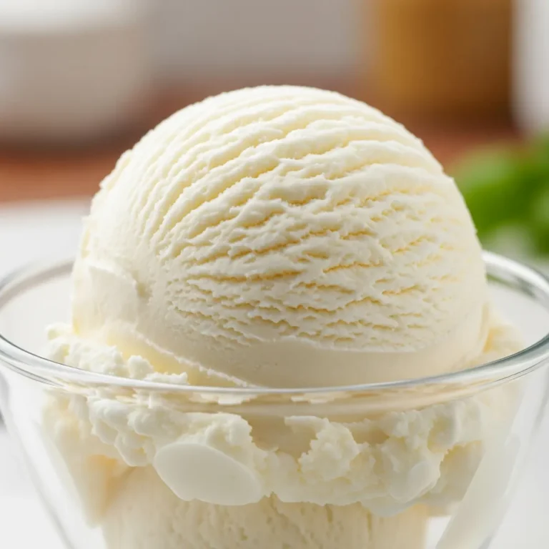 A perfect scoop of smooth, pale vanilla ice cream in a simple bowl, showcasing the ideal texture from a ninja creami recipe.