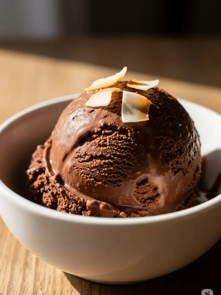 A scoop of dark chocolate dairy-free ice cream made with coconut milk, from a vegan ninja creami recipe.