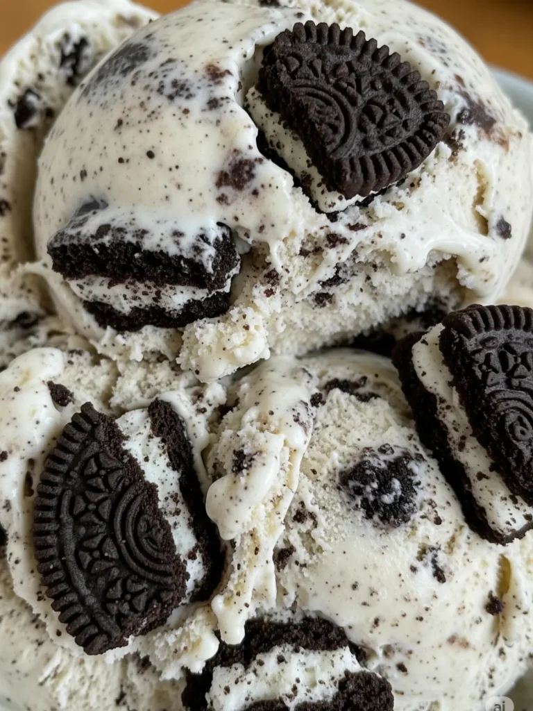 Creamy vanilla bean ice cream with large chunks of cookies, made following a ninja creami ice cream recipe.