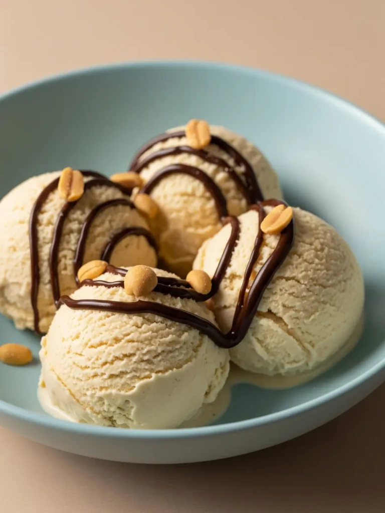An overhead composition of a single scoop of vanilla protein ice cream in a light-colored bowl, generously decorated with a cascade of colorful rainbow sprinkles on a wooden surface.