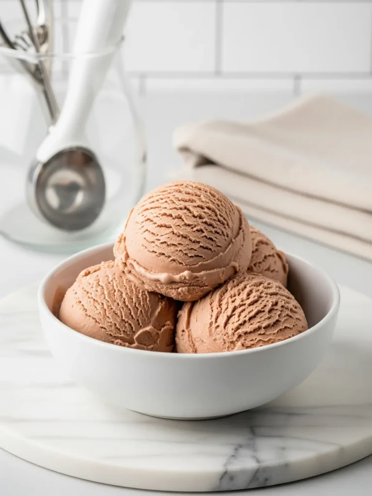 A bright bowl of vanilla protein ice cream garnished with fresh raspberries, blueberries, and a sprinkle of high-fiber cereal for crunch.