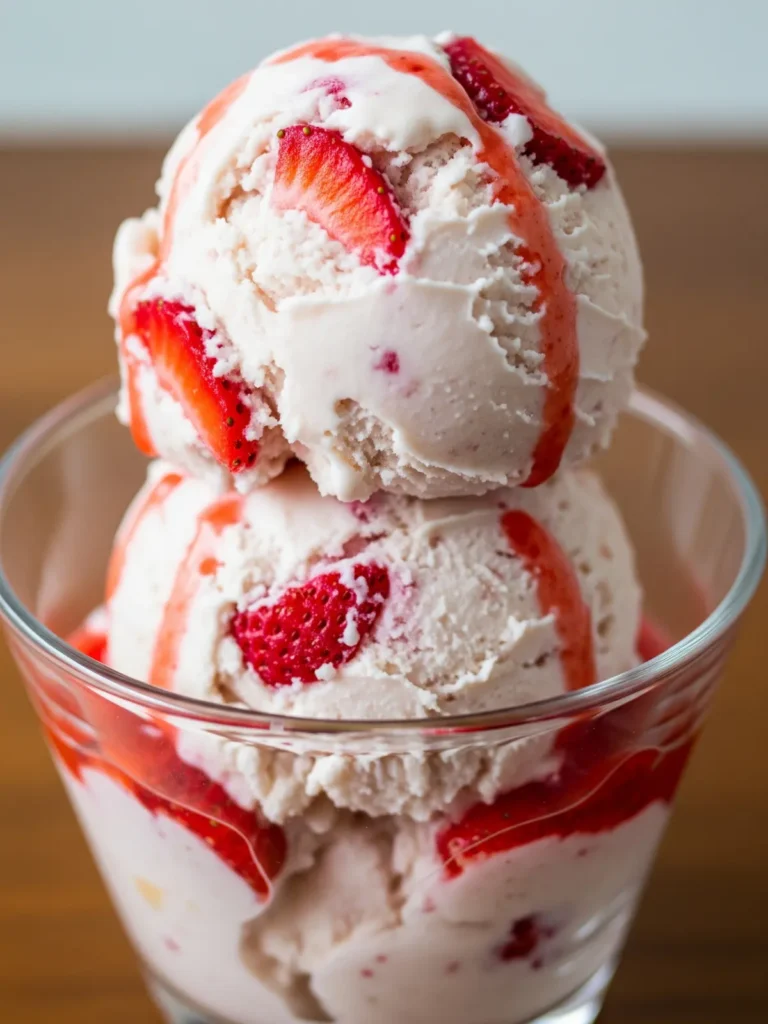 Layers of creamy, high-protein strawberry cheesecake ice cream served in a clear glass dish.