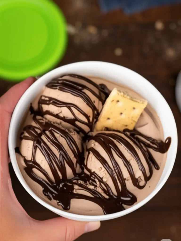 Two perfectly formed scoops of peanut butter protein ice cream arranged in a modern pastel bowl, garnished with a delicate swirl of dark chocolate and a sprinkle of crushed peanuts.