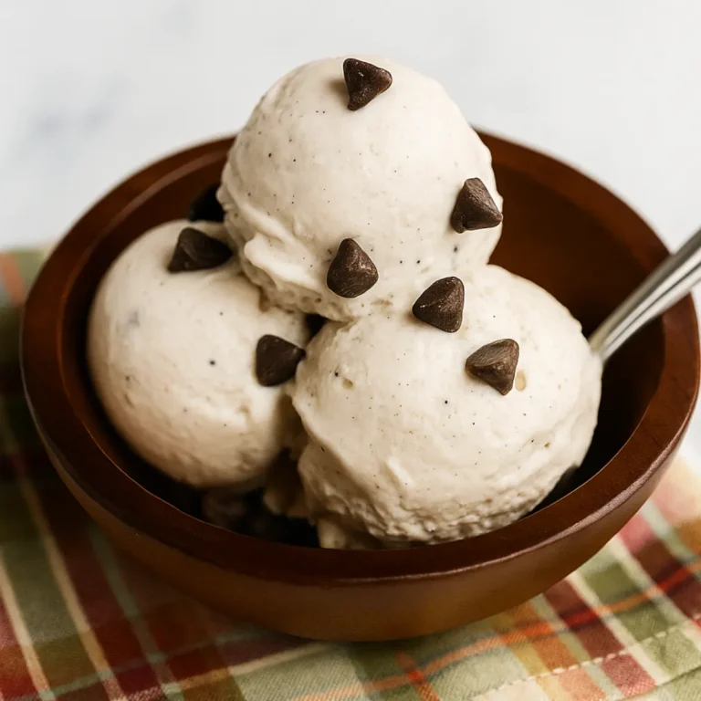Three scoops of keto ninja creami vanilla bean ice cream topped with sugar-free chocolate chips in a wooden bowl.