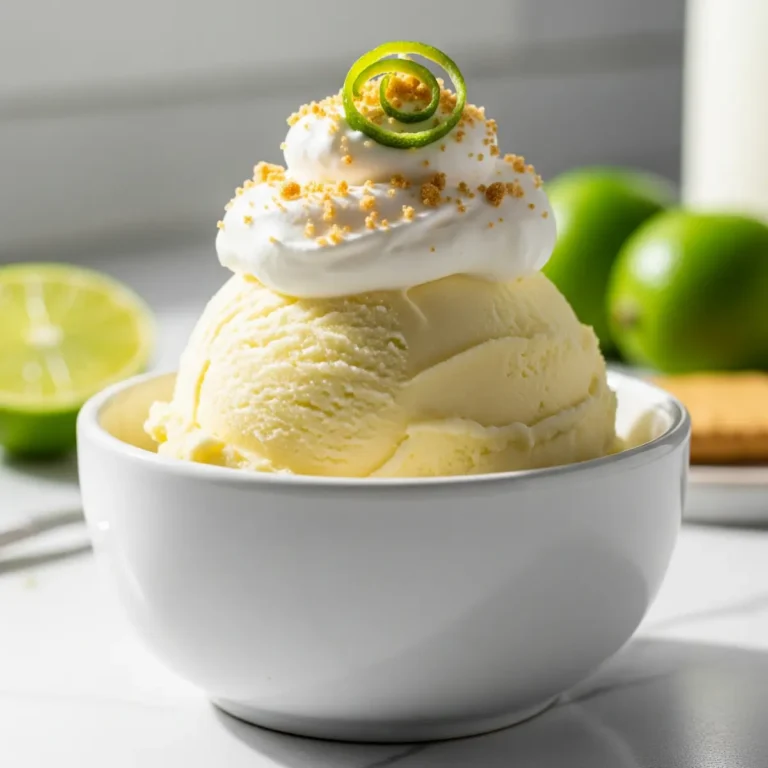A scoop of pale green key lime pie protein ice cream in a white bowl, garnished with graham cracker crumbs and lime zest.