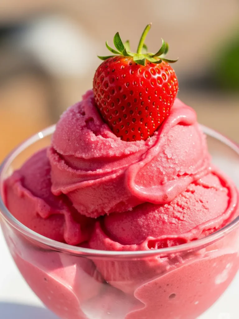 A vibrant pink strawberry sorbet made with almond milk, a refreshing ninja creami frozen treat recipe.