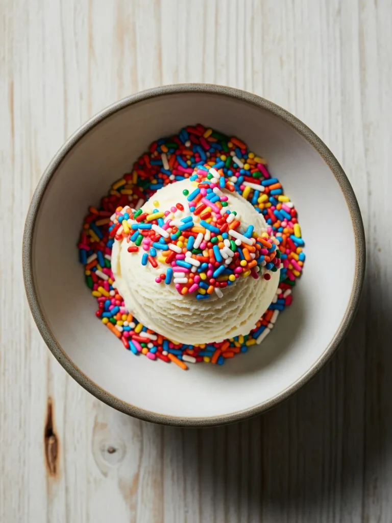 A detailed view of a single scoop of vanilla bean protein ice cream, with a spoon gently breaking the surface to reveal its flawlessly smooth and dense consistency.