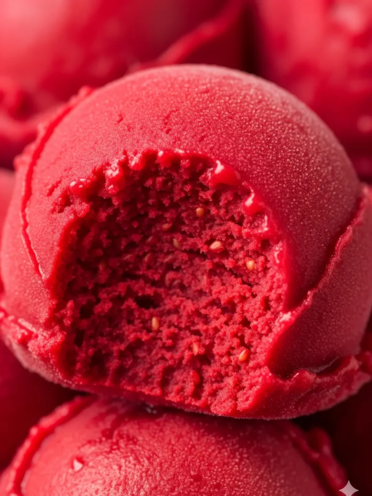 Bright red strawberry sorbet served in a decorative glass dish, garnished with a whole fresh strawberry.