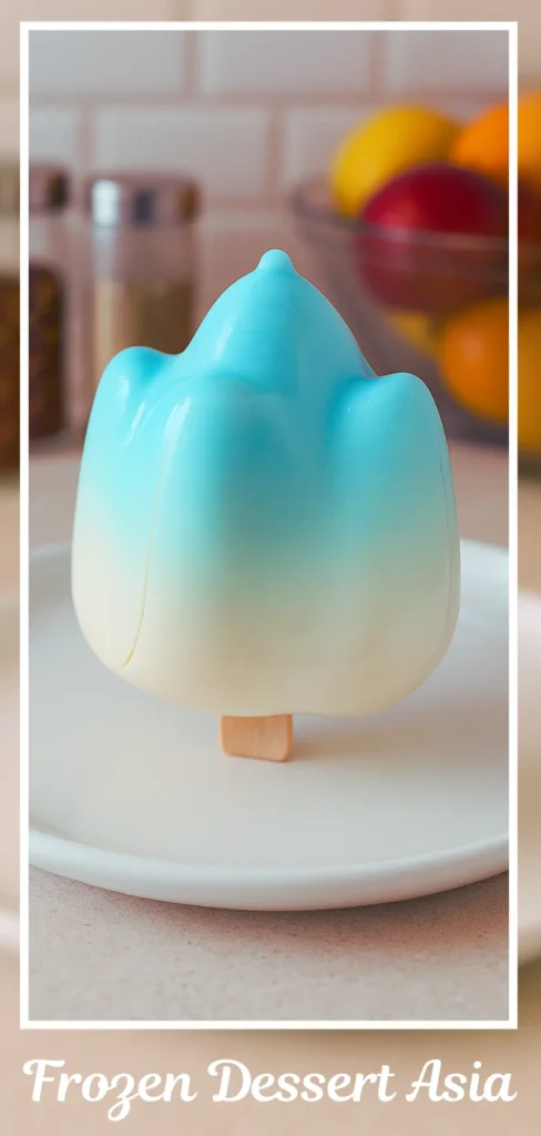 Friends of Asia Frozen Dessert with blue and white coloring in a peach shape