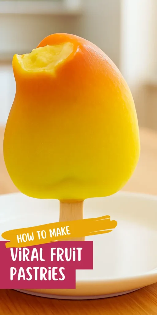 Hand holding frozen mango treat with red to yellow gradient