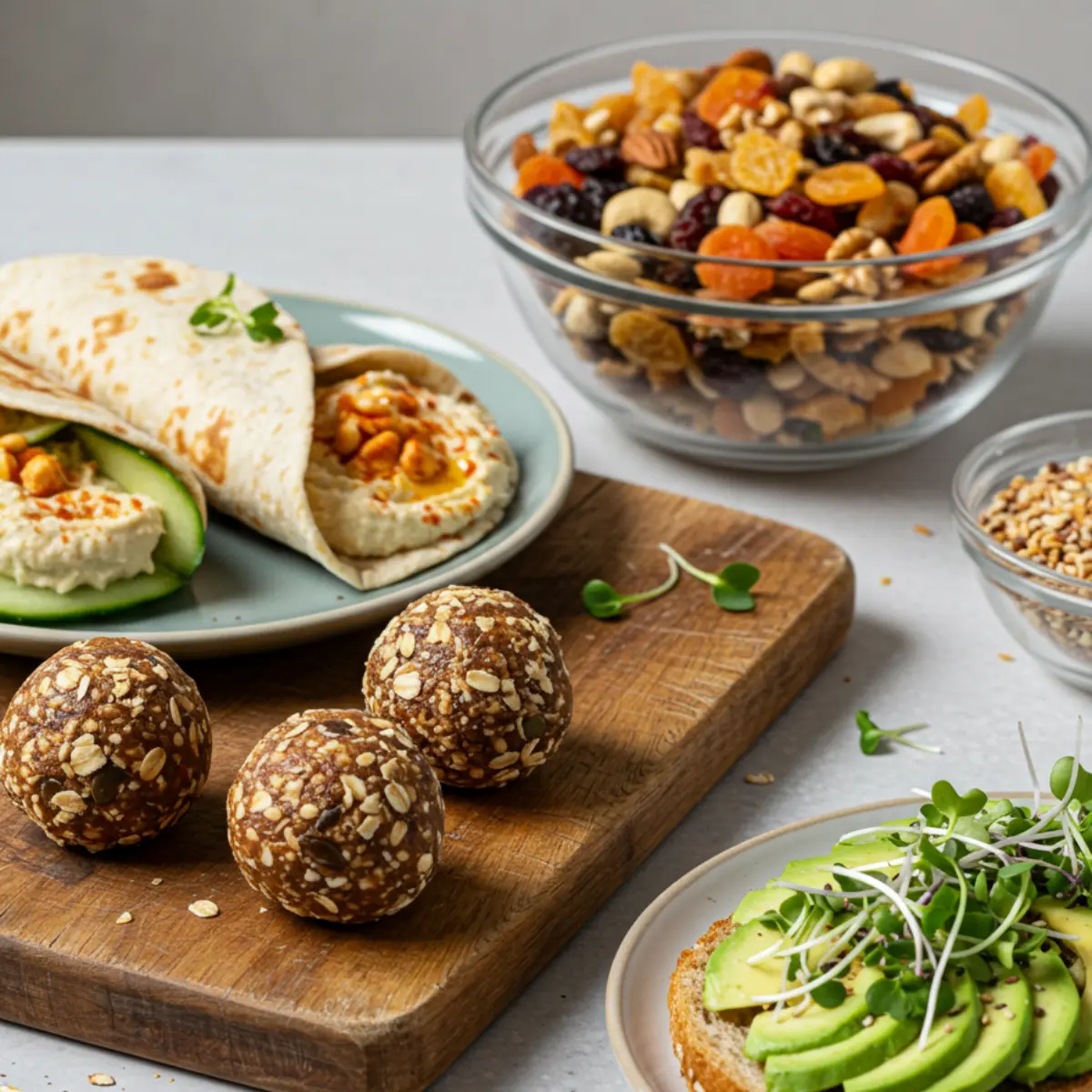 Simple Charcuterie Snack Board Recipe 1 Easy healthy snacks to make in 5 minutes with fruit parfaits, nut butter apple slices, cottage cheese with herbs, and chickpea salad