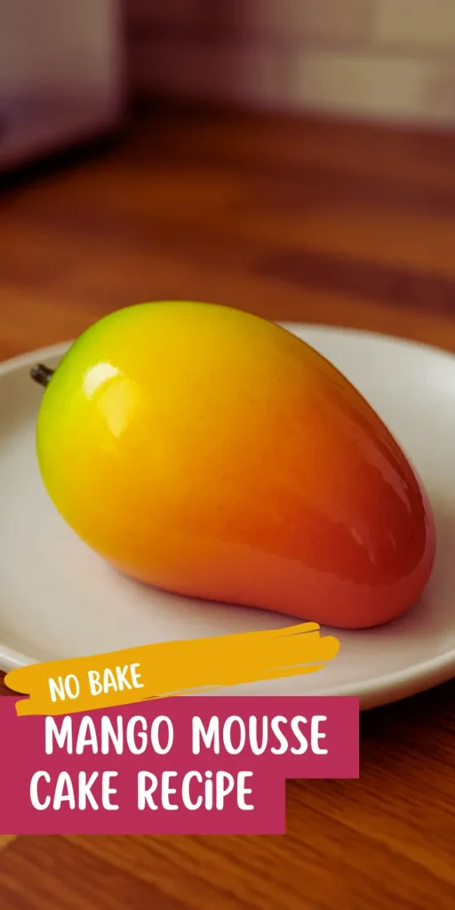 No Bake Mango Mousse Cake Recipe showing inside mango puree and mousse layers