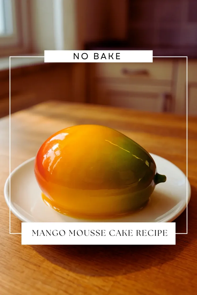 No Bake Mango Mousse Cake Recipe with red and yellow gradient glaze