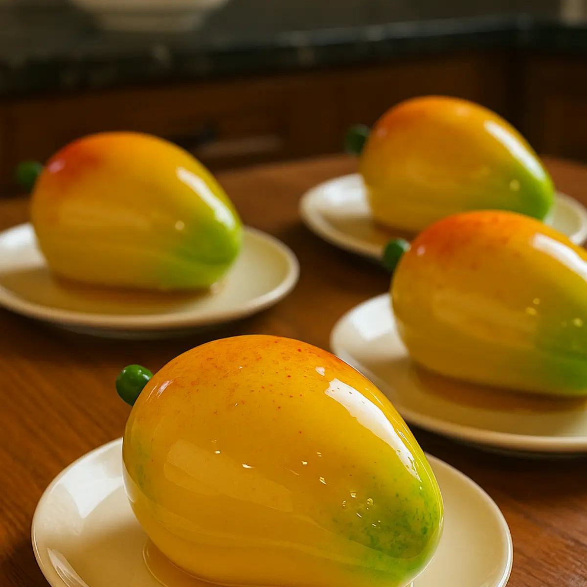 Simple Ninja Creami Ice Cream Recipes Sorbet 2 Korean mango mousse cake cut open showing creamy mango mousse and fresh mango cubes on a white plate in a kitchen setting