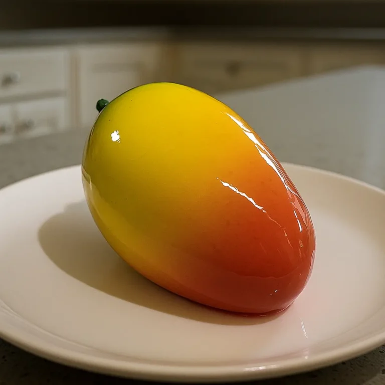 Two mango mousse cakes with mirror glaze side by side in tropical gradients