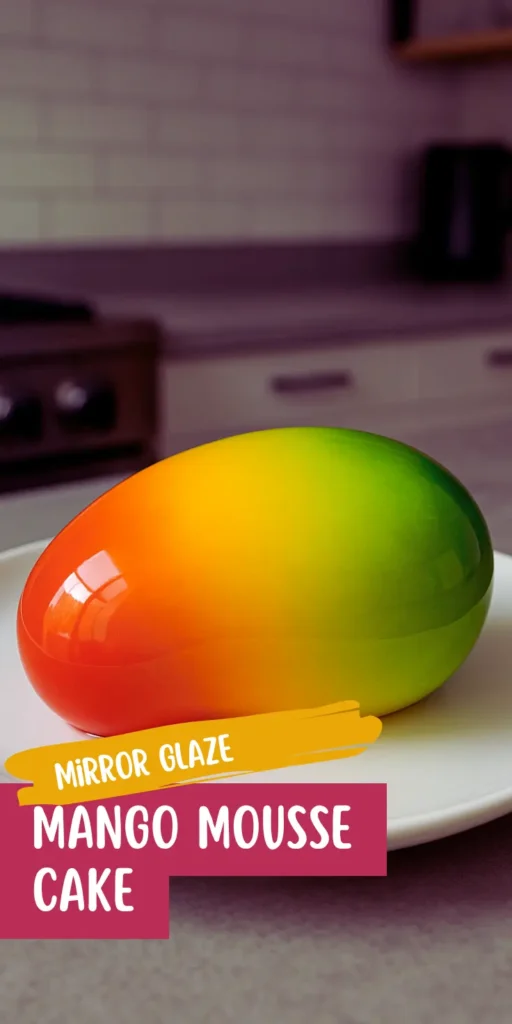 Mango mousse cake with mirror glaze in bright red, yellow, and green gradient