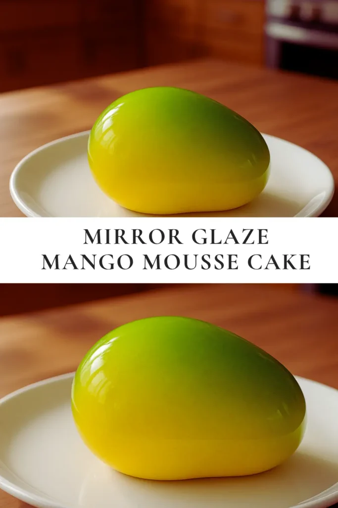 Mango mousse cake with mirror glaze in gradient yellow and red for a tropical design