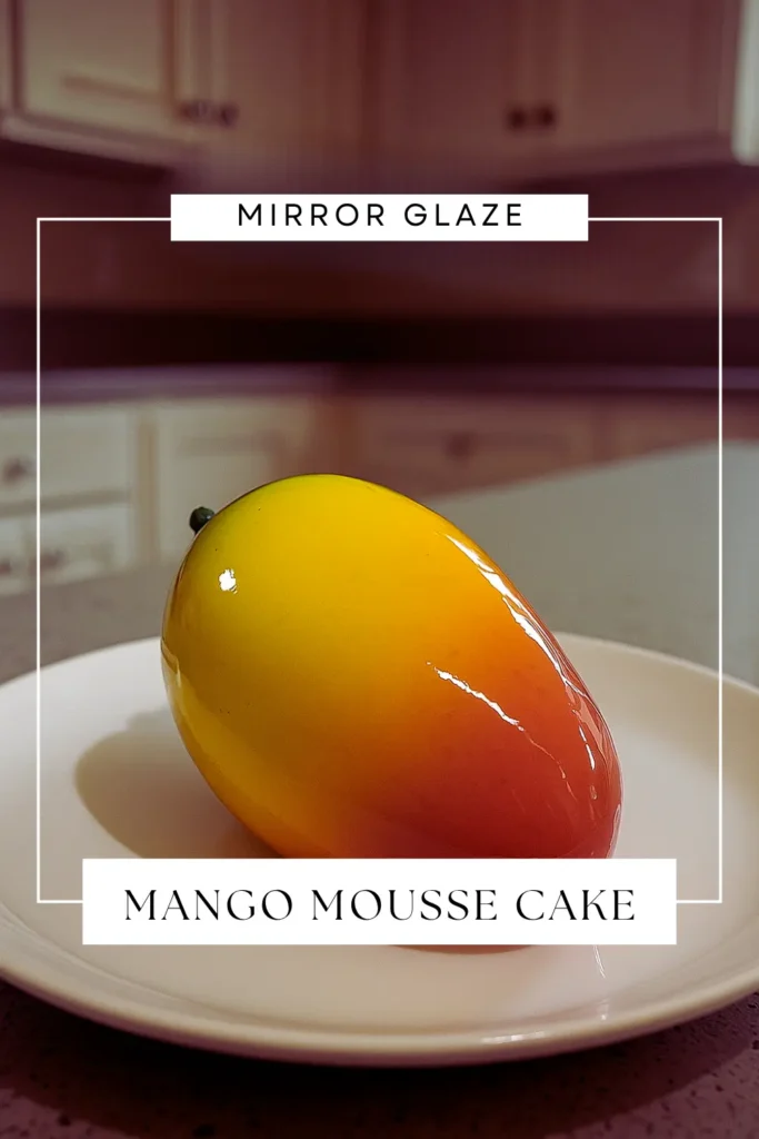 Set of mini mango mousse cakes with mirror glaze in shades of yellow, green, and orange