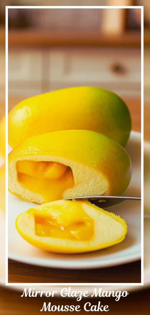 Whole mango mousse cake with mirror glaze in realistic mango shape with green and yellow gradient