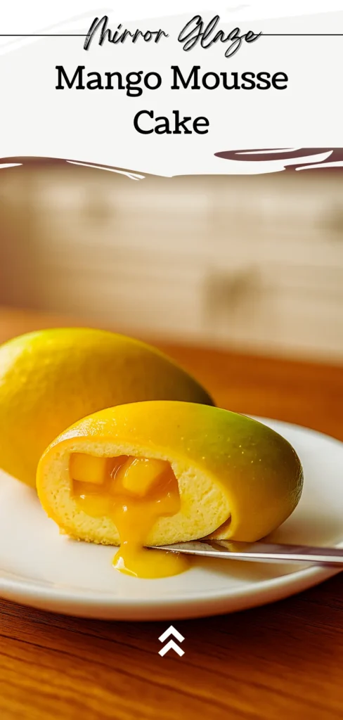 Mango mousse cake with mirror glaze cut open showing mango compote center and creamy mousse layers