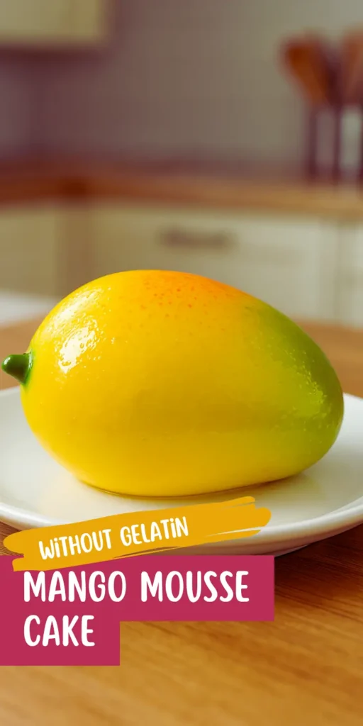 Vegan mango mousse cake without gelatin shaped like a mango with a glossy gradient glaze in red, yellow, and green