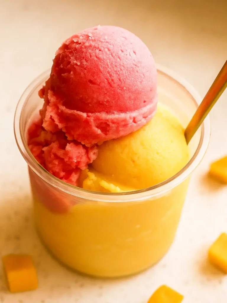 A bowl of dark purple mixed berry sorbet, with a few fresh blueberries and raspberries placed nearby as garnish.