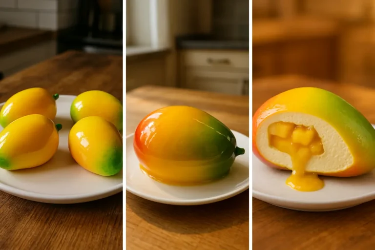 No Bake Mango Mousse Cake Recipe shaped like a fresh tropical mango