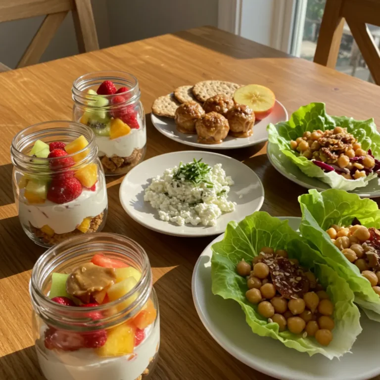 Easy healthy snacks to make in 5 minutes with Indian flavors, such as sprouted moong salad, puffed rice chaat, masala roasted chana, and curd rice