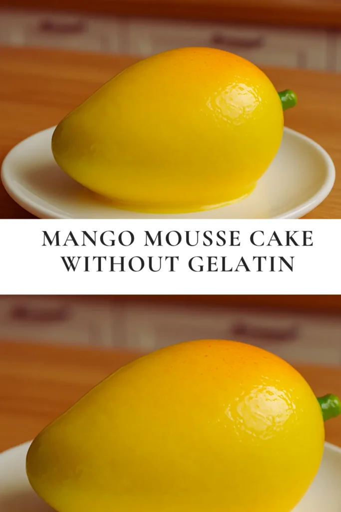 Mango mousse cake without gelatin sliced open to reveal creamy mousse and fresh mango filling on a white plate in a kitchen setting