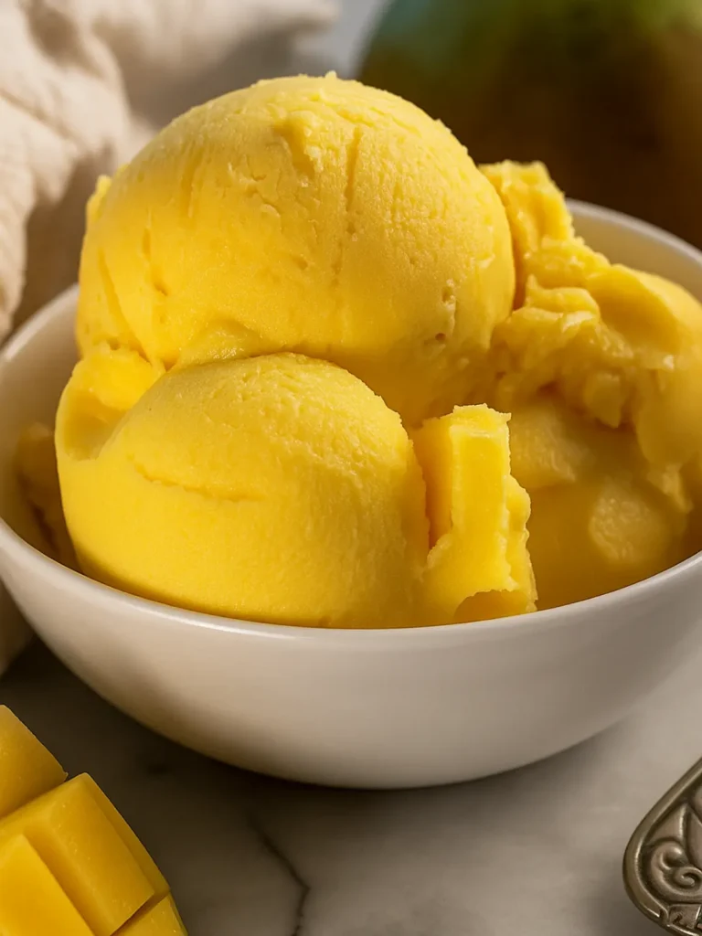 Three scoops of pale yellow lemon and lime sorbet arranged in a simple dish, topped with a single fresh mint leaf.