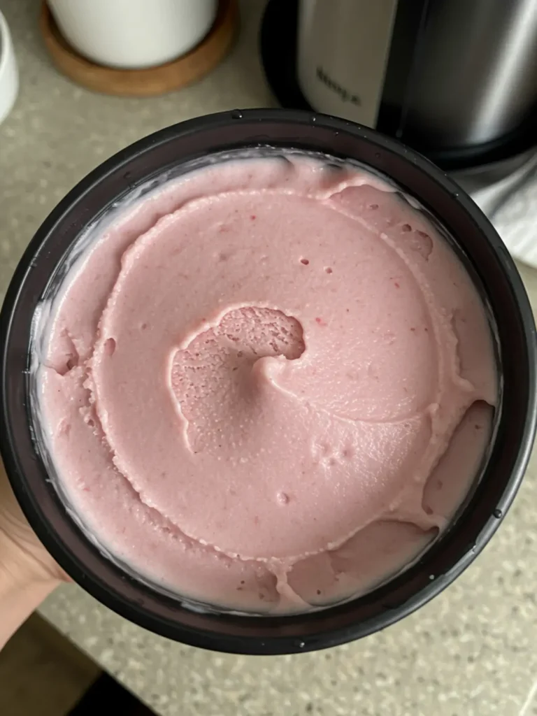 A spoonful of the best ninja creami strawberry ice cream recipe, showing vibrant strawberry pieces mixed in.