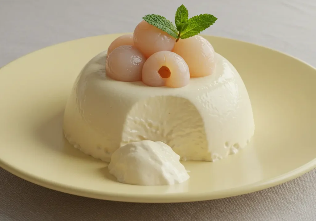 A serving of dairy-free Vegan Lychee Panna Cotta with a fresh mint garnish.