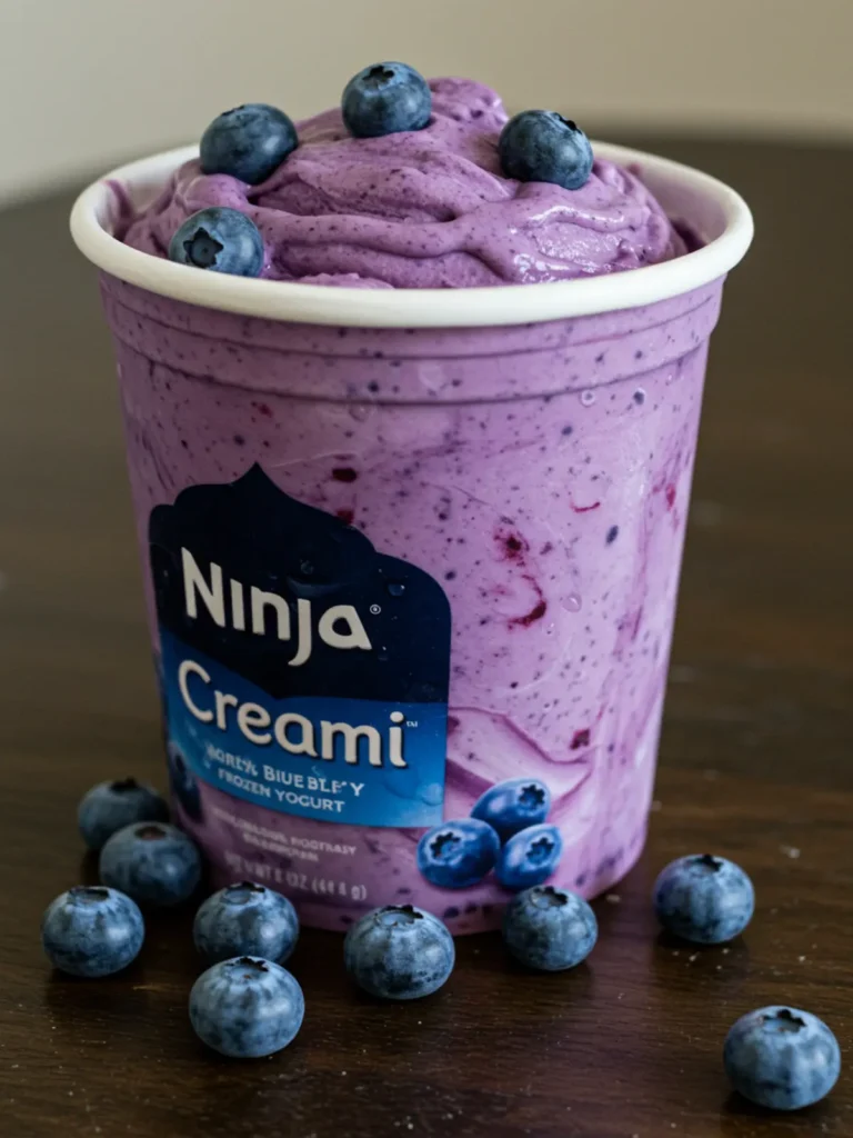A scoop of blueberry frozen yogurt made with a Ninja Creami frozen yogurt recipe.
