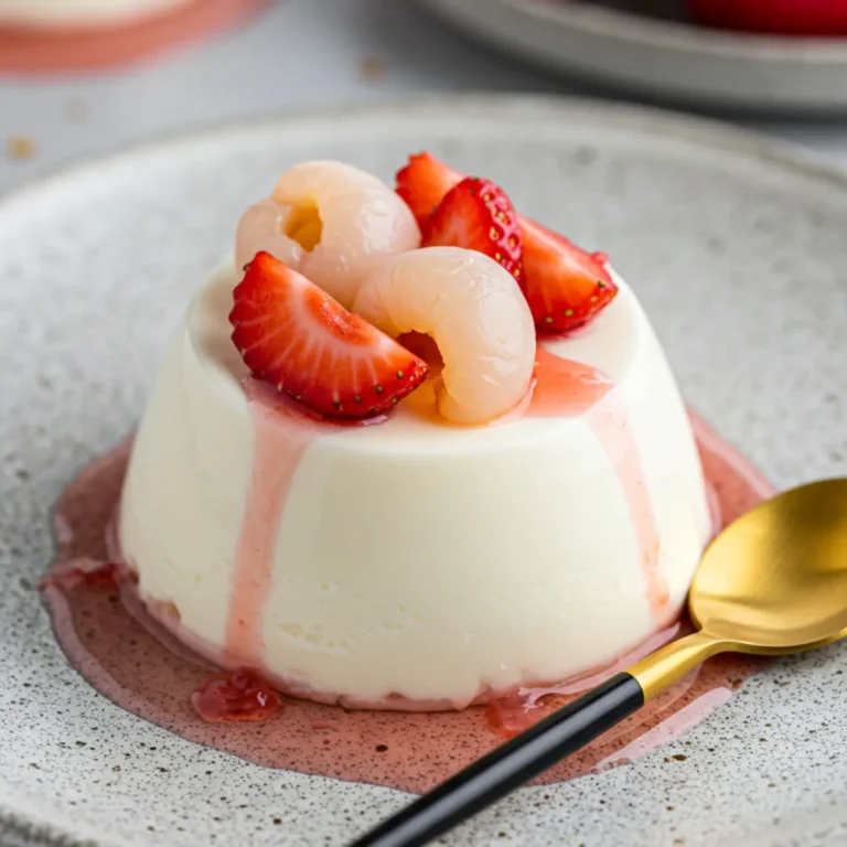 A vibrant red raspberry on top of a creamy white canned lychee dessert recipe.