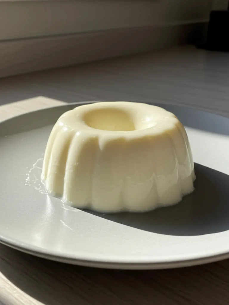 An overhead view of a classic panna cotta recipe dessert on a plate, garnished with fresh raspberries and a spoon nearby.