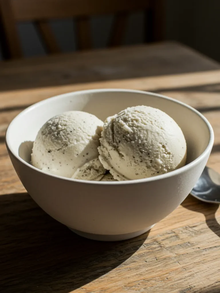 The Best Vegan Ninja Creami Recipes (Healthy & Simple) 24 A white bowl with two scoops of vanilla bean ice cream from a list of vegan ninja creami recipes.
