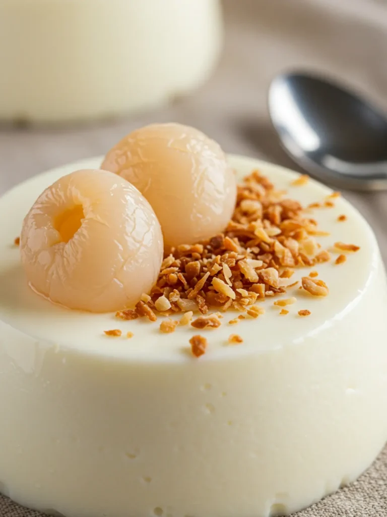 How to Make Coconut Lychee Panna Cotta: Guilt-Free Treat 21 An overhead view of a coconut lychee panna cotta in a white bowl, surrounded by fresh lychees and nuts.