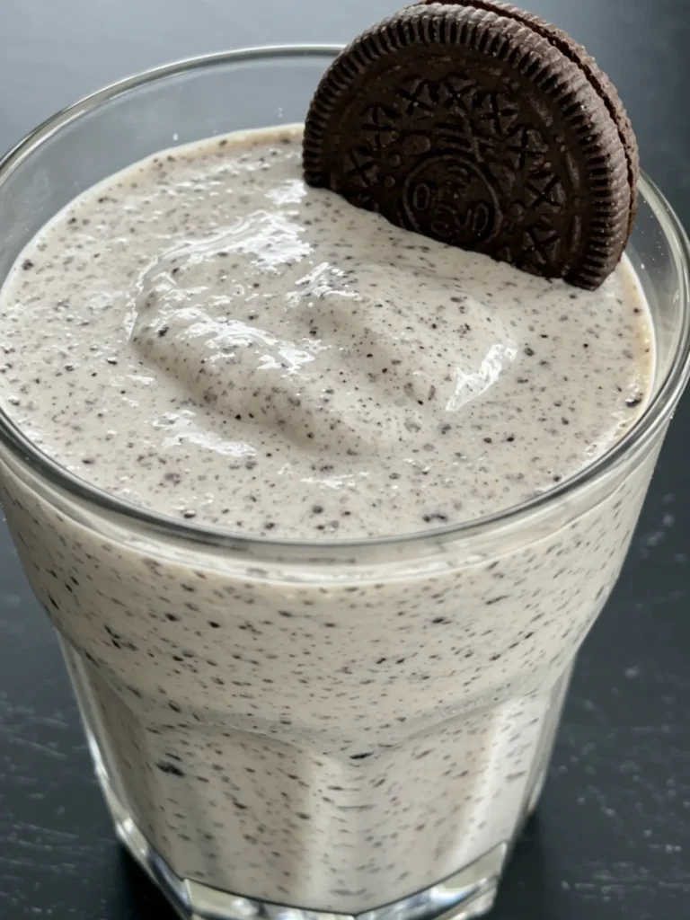 How to Make the Best Ninja Creami Milkshake Recipe at Home 23 A cookies and cream ninja creami milkshake recipe showing crushed cookie pieces mixed into the shake.