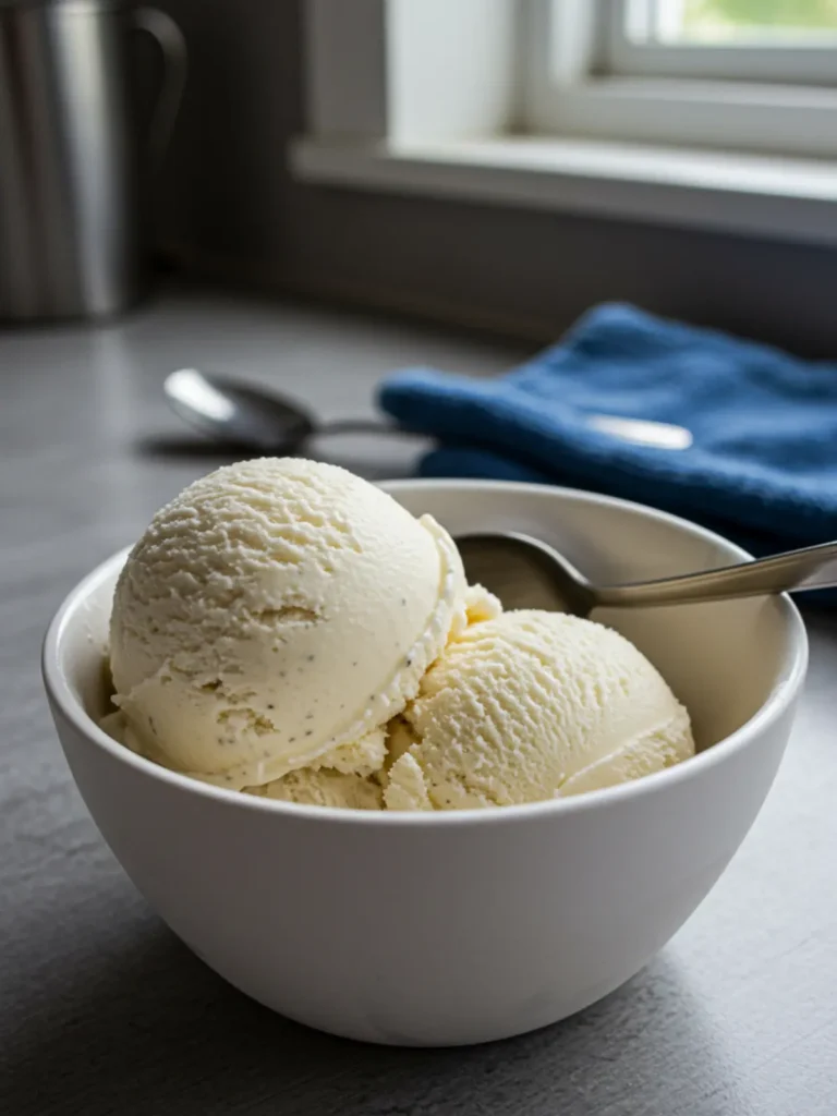 3 Ingredient Ninja Creami Recipes: Easy & Creamy Treats 17 A bowl of vanilla ice cream made with a 3 ingredient Ninja Creami recipe.