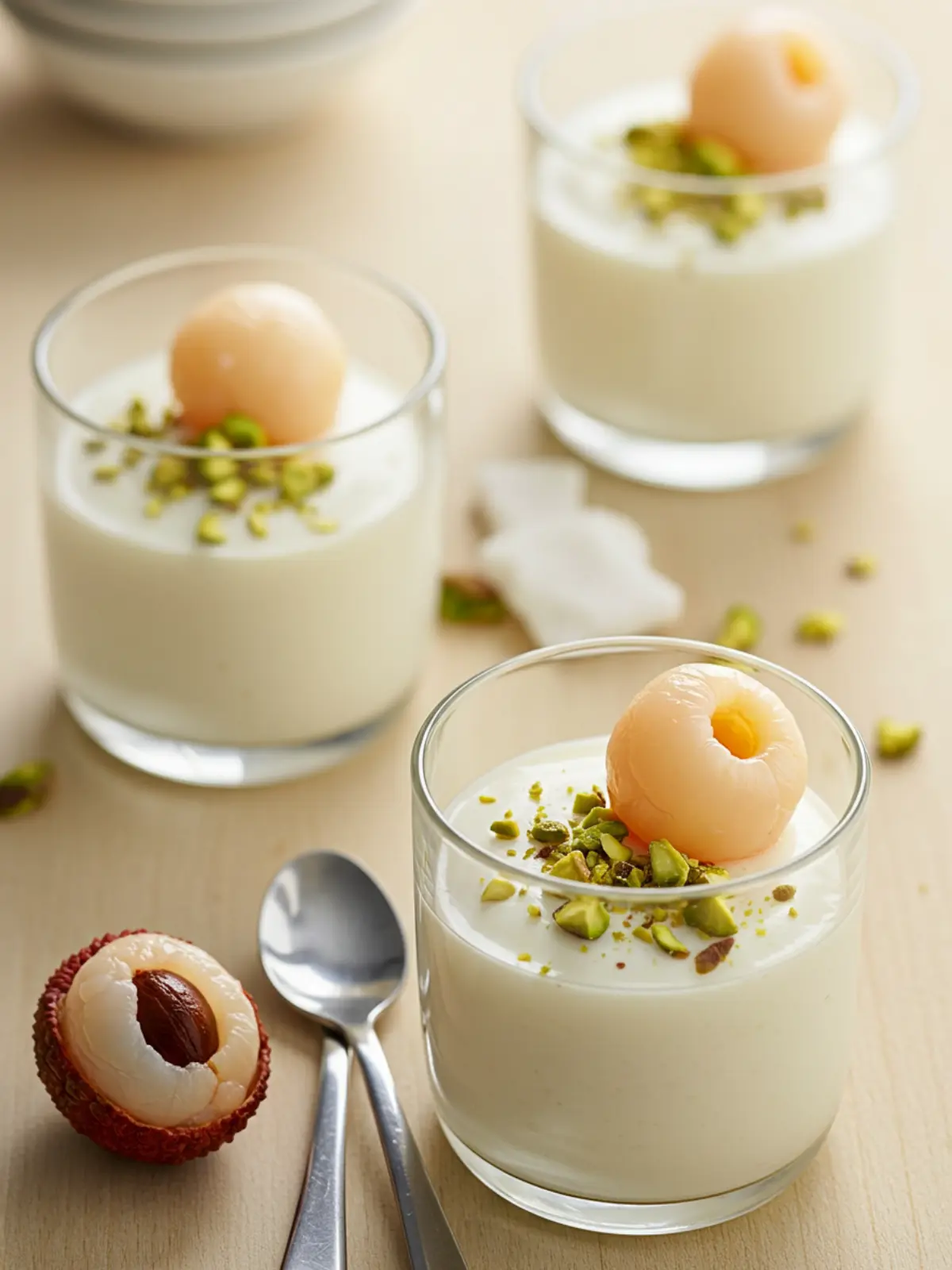 How to Make Coconut Lychee Panna Cotta: Guilt-Free Treat 13 A serving of coconut lychee panna cotta in a clear glass, topped with lychee syrup and toasted almonds.