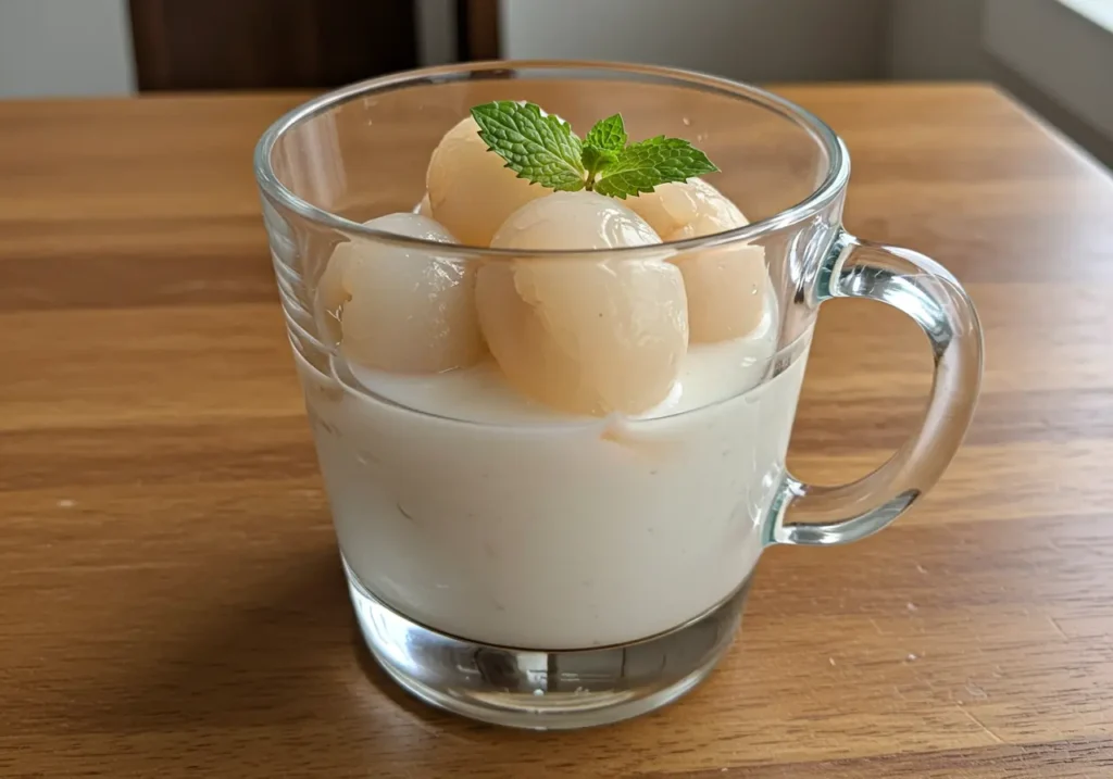 A serving of Lychee Coconut Milk Dessert in a glass, garnished with fresh mint.